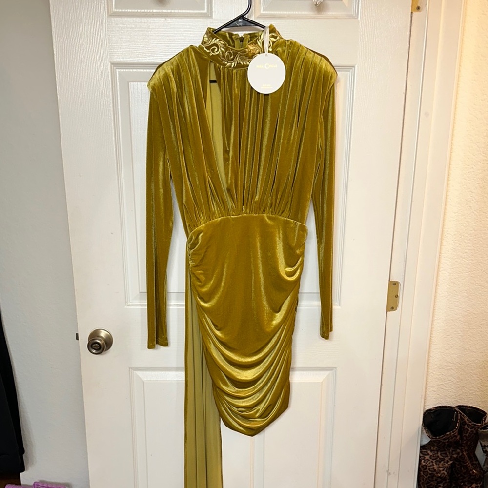 Luxurious Velvet Long Sleeve Dress in Greenish Gold Color